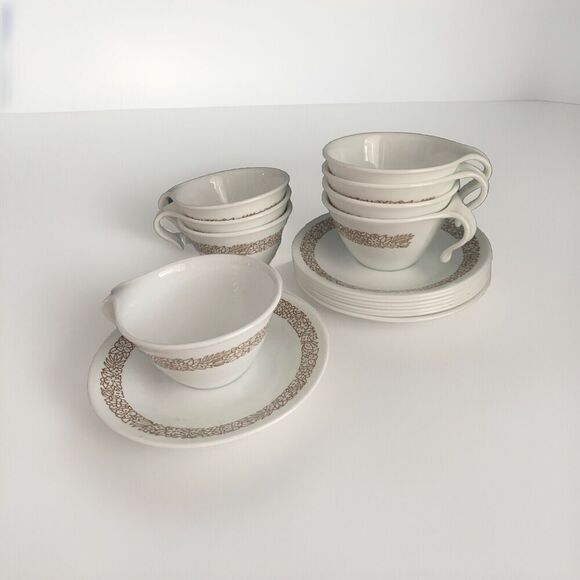 Set of 8 Corelle Woodland Brown Coffee Cups Saucers Open Handled Vintage Corning - Picture 2 of 11